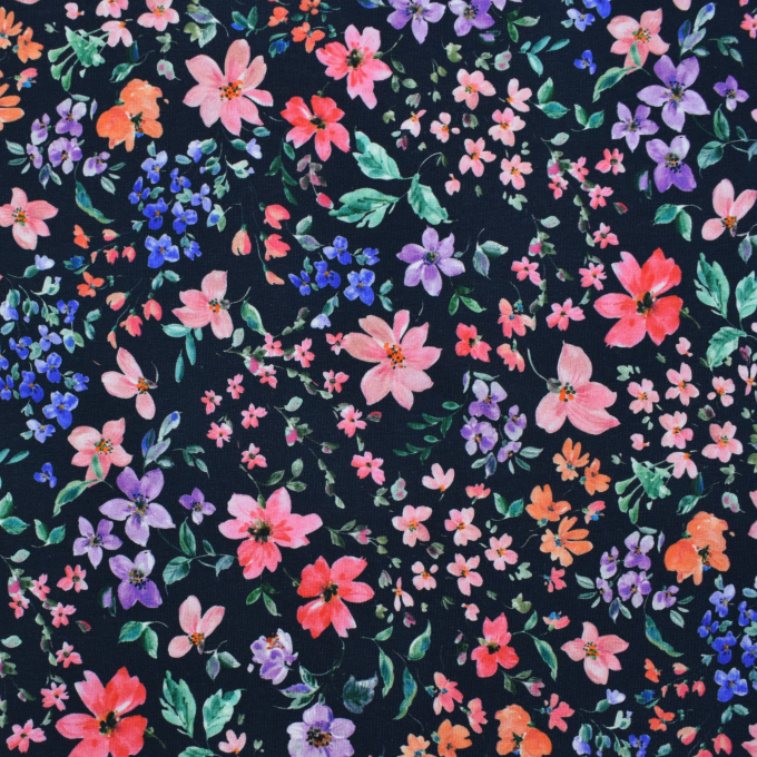 Tissu french terry Fleurs Blossom Field, bleu marine