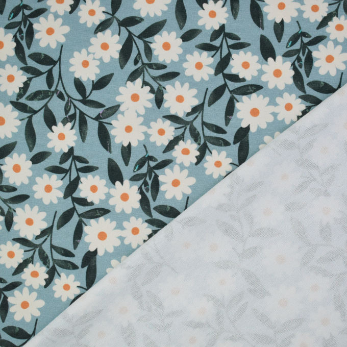 French Terry daisies, oudblauw