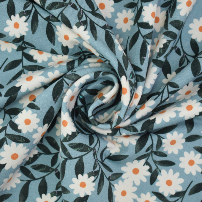 French Terry daisies, oudblauw