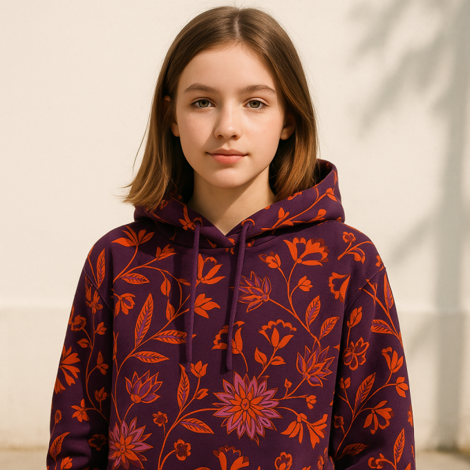 French Terry Flower Paradise, bordeaux