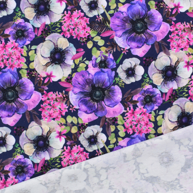 Tissu french terry Fleurs Anémones, bleu foncé