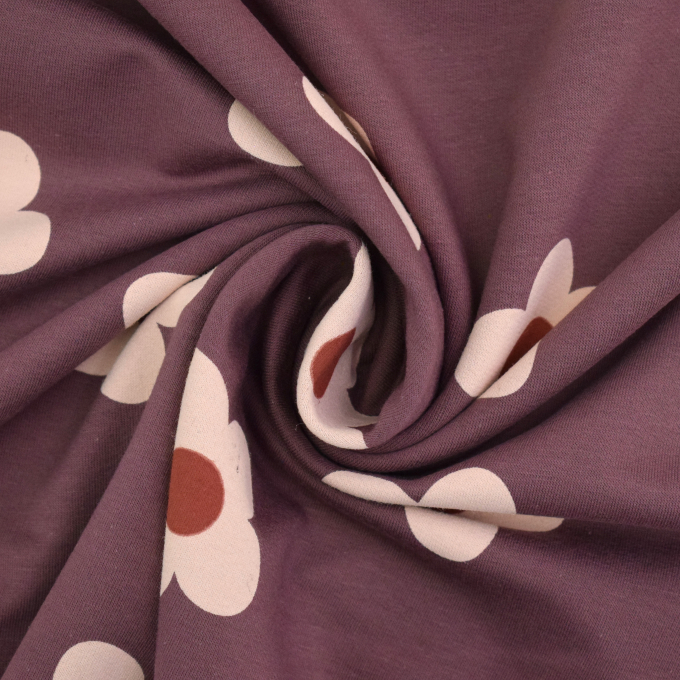 Tissu french terry lovely flowers, prune
