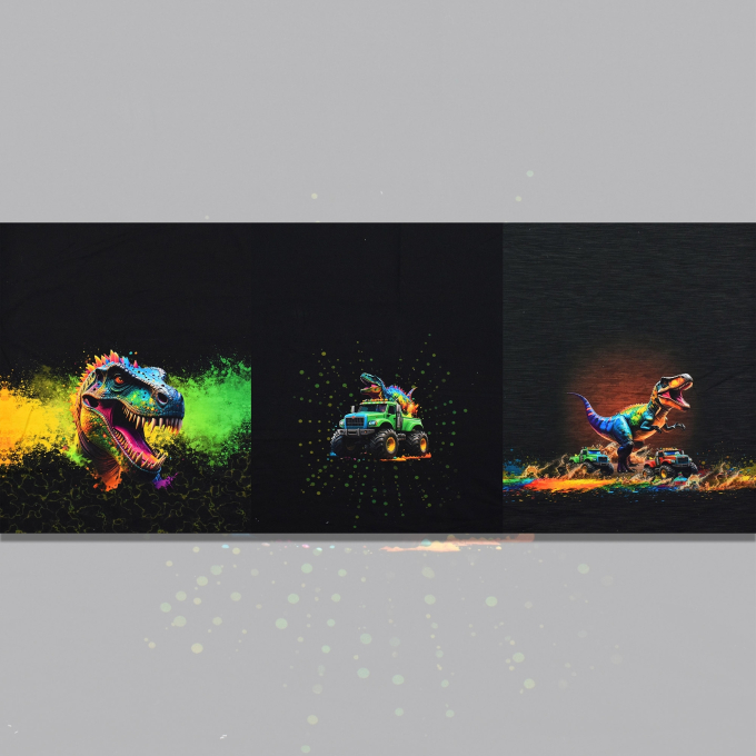 French Terry Panel Electric Dino's, 150 x 65 cm