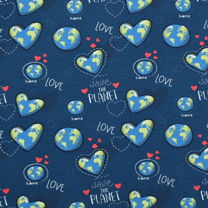 Tissu french terry Sauver la planète Save the Planet, bleu pétrole