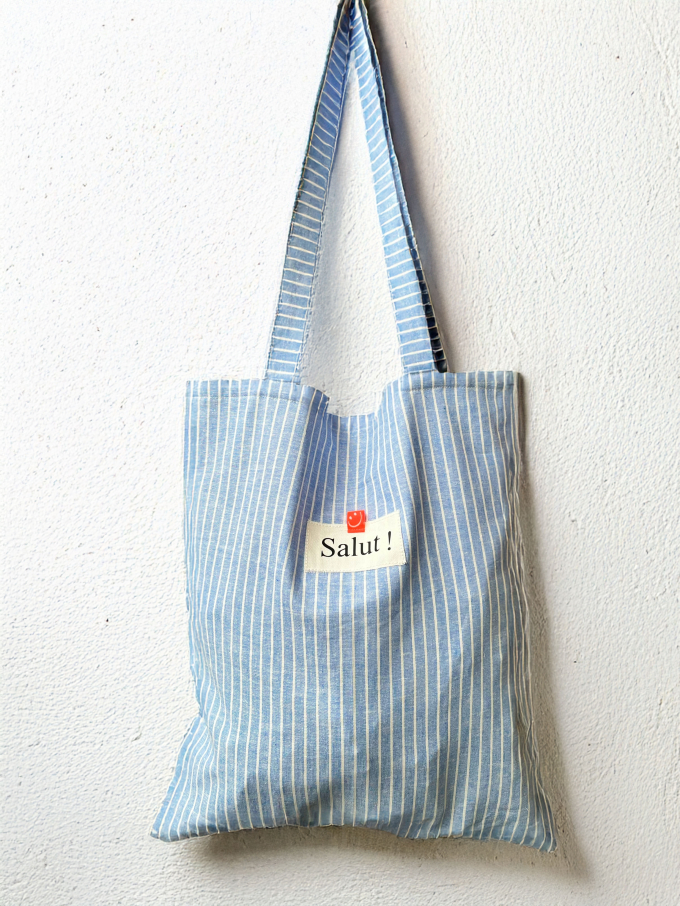 Tissu lin coton à rayures, bleu clair chiné