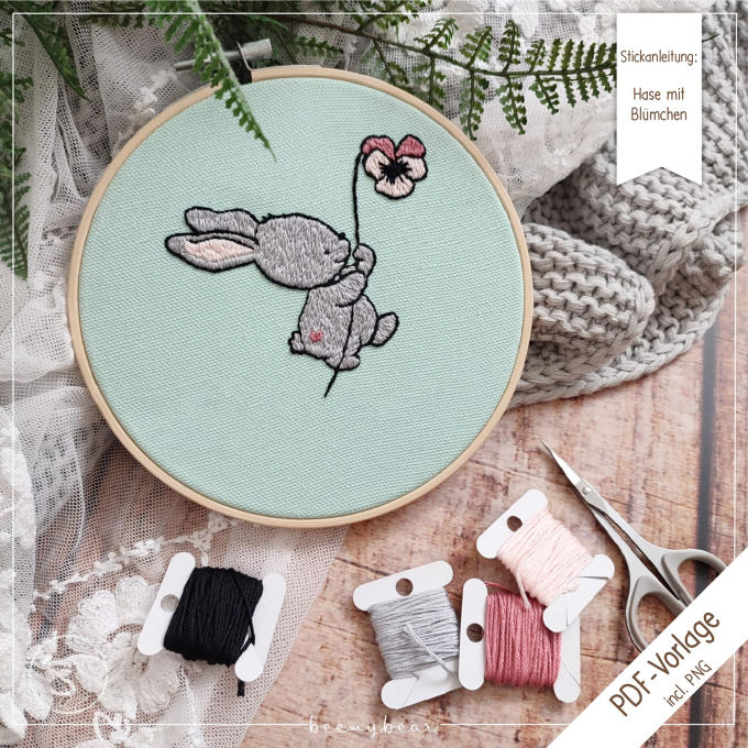 Handstickdatei beemybear Hase mit Blümchen, german