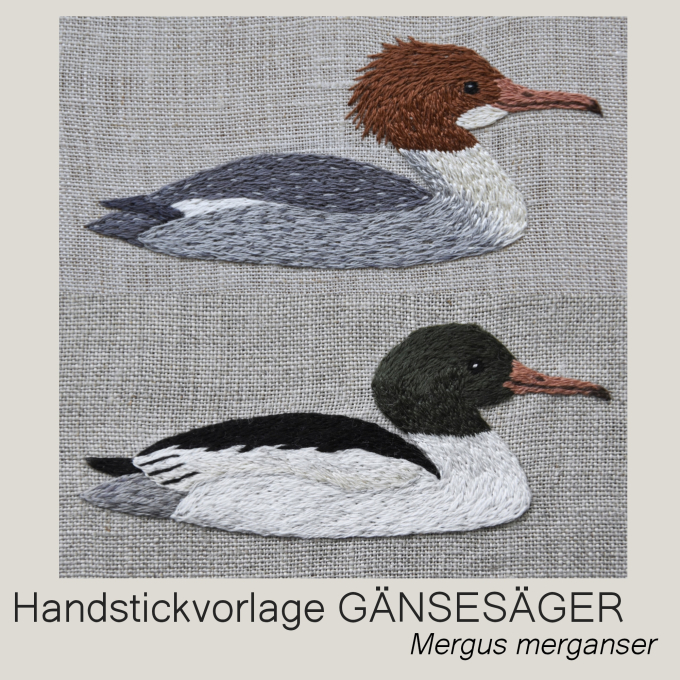 Handstickvorlage Fabelwald Gänsesäger, german