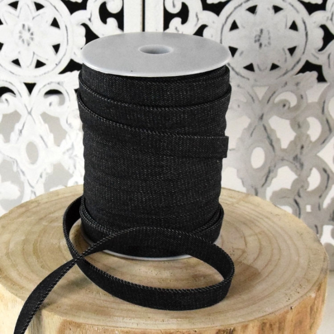 Lacet plat, bande de coton sweat denim look, noir