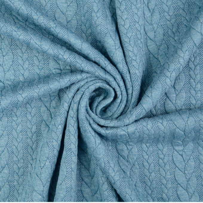 Tissu jersey jacquard torsadé tressé, bleu pétrole