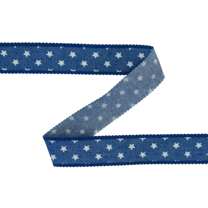 Ruban tissu tissé jean, 2,5cm, étoiles, bande de tissu, bleu