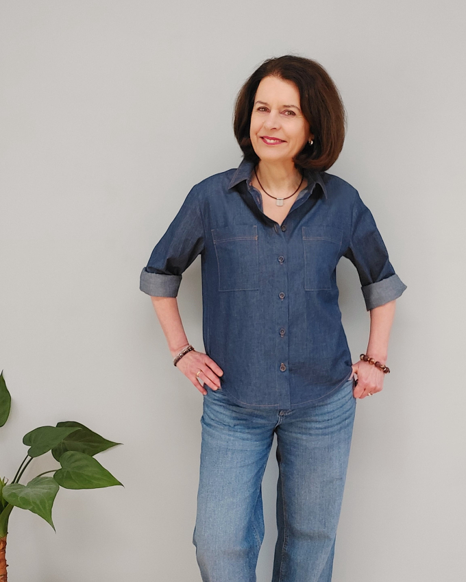 Tissu jean léger chambray, 100 % coton, bleu foncé