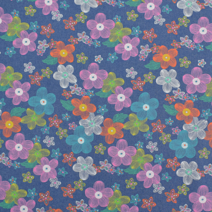 Chambray lightweight denim Flower Love, bright blue