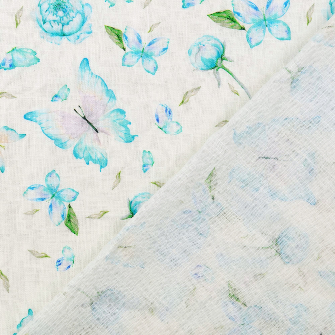 Tissu lin coton Papillons Butterfly, turquoise