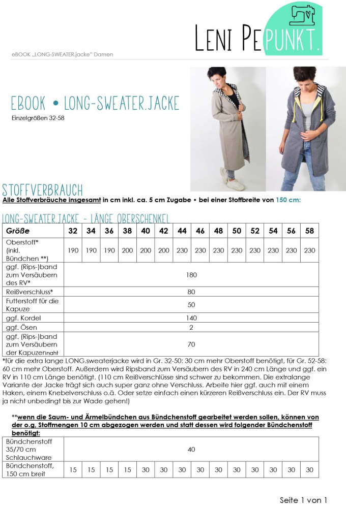 Naaipatroon Leni Pepunkt LONG sweatmantel, Duits