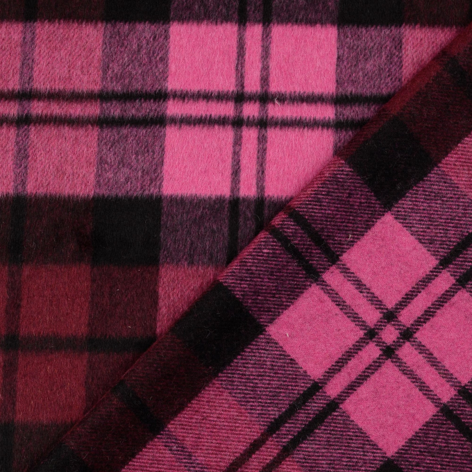 Tissu laine mélangée pour manteau à carreaux Check, rose fuchsia