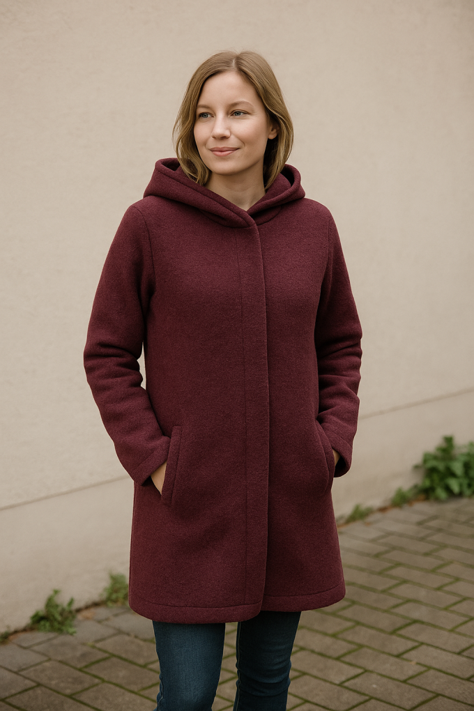 Merino wol fleece uni, wijnrood