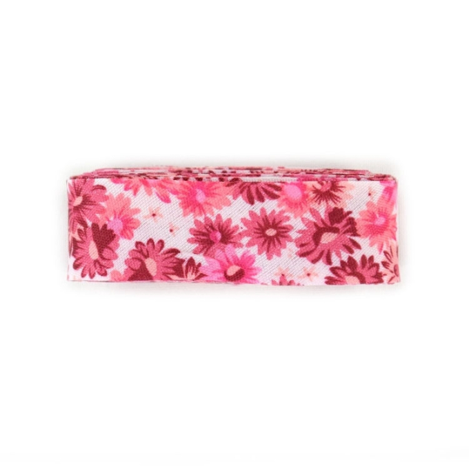 Bloemetjes biaisband, 3 m pcs., wit-fuchsia- roze