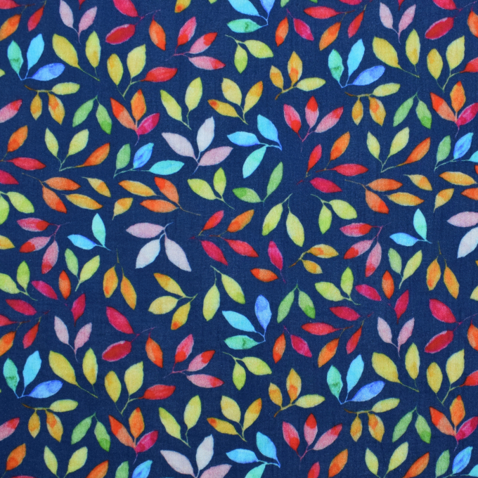 Katoenen mousseline double gauze colorful leaves, marineblauw