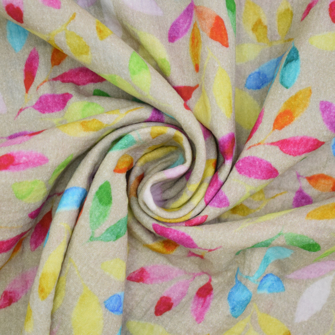 Tissu double gaze de coton Feuilles Colorful Leaves, gris taupe
