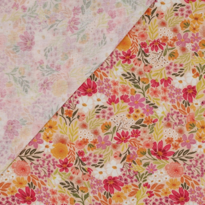 Tissu double gaze de coton Fleurs Flower Field, abricot