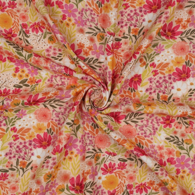 Tissu double gaze de coton Fleurs Flower Field, abricot