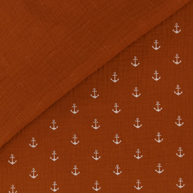 Katoenen mousseline double gauze kleine ankers, terracotta