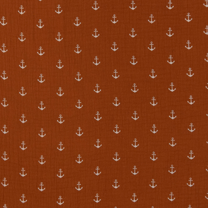 Katoenen mousseline double gauze kleine ankers, terracotta