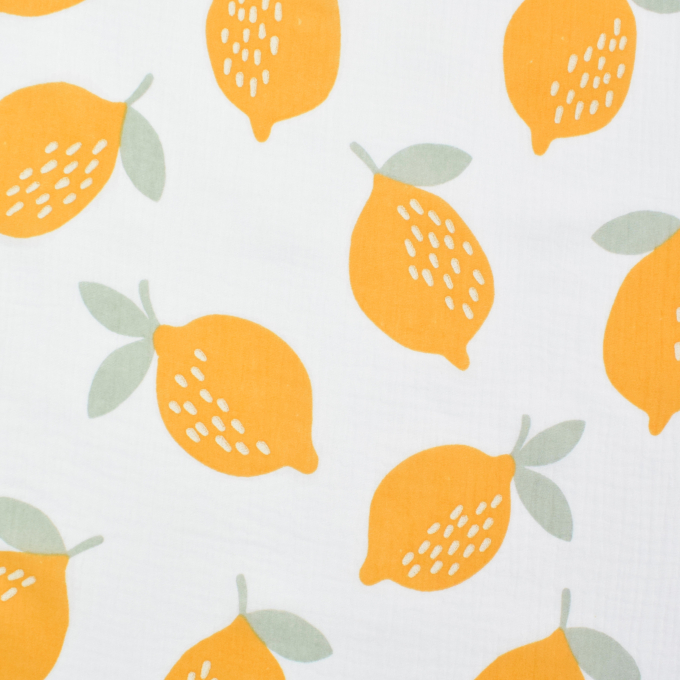 Tissu double gaze de coton Citrons lemon, blanc