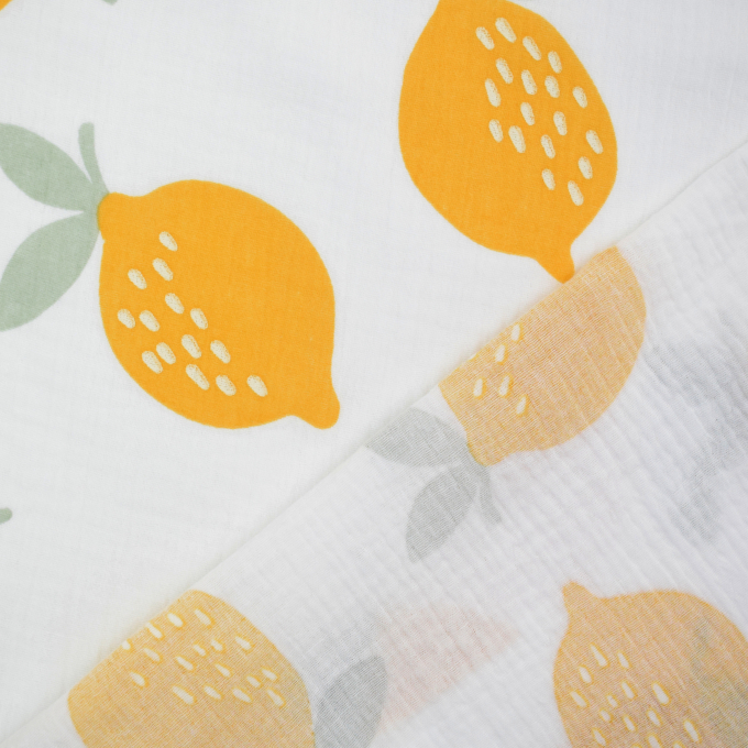 Tissu double gaze de coton Citrons lemon, blanc