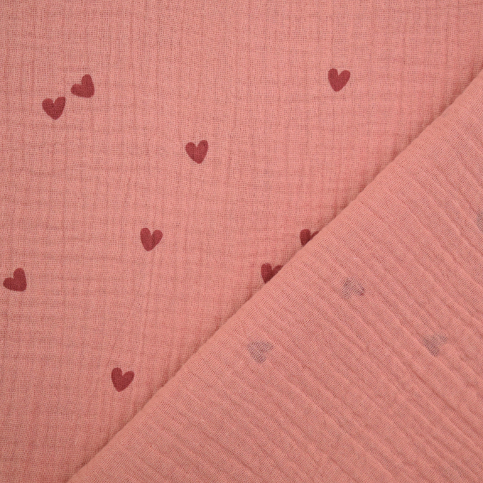 Tissu double gaze de coton Coeurs Little hearts, vieux rose millennial