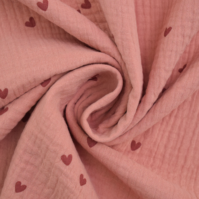 Tissu double gaze de coton Coeurs Little hearts, vieux rose millennial