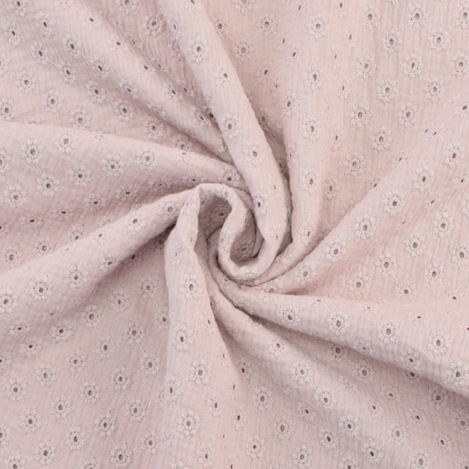 Tissu double gaze de coton broderie anglaise fleurs, vieux rose