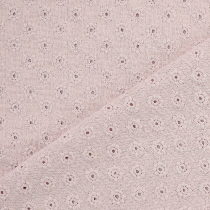Tissu double gaze de coton broderie anglaise fleurs, vieux rose