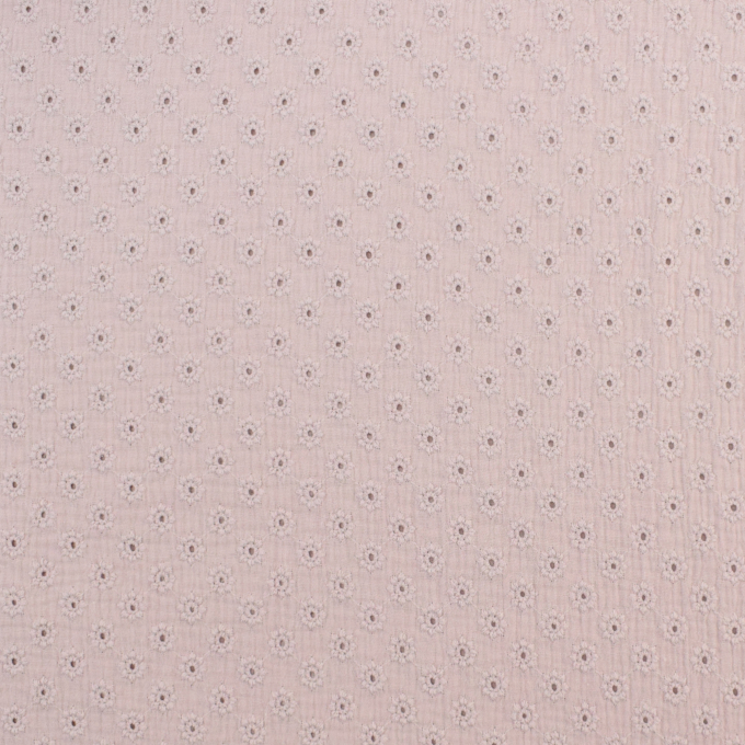 Tissu double gaze de coton broderie anglaise fleurs, vieux rose