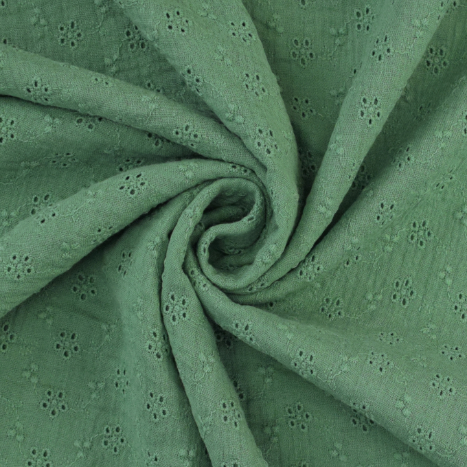 Tissu double gaze de coton broderie anglaise rameaux, vieux vert