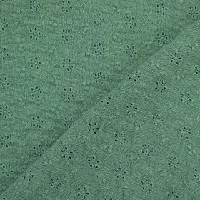 Tissu double gaze de coton broderie anglaise rameaux, vieux vert
