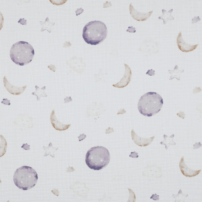 Tissu double gaze de coton Lunes et étoiles Moon, blanc
