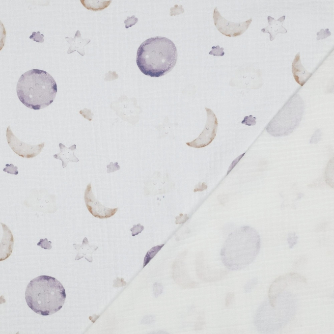 Tissu double gaze de coton Lunes et étoiles Moon, blanc