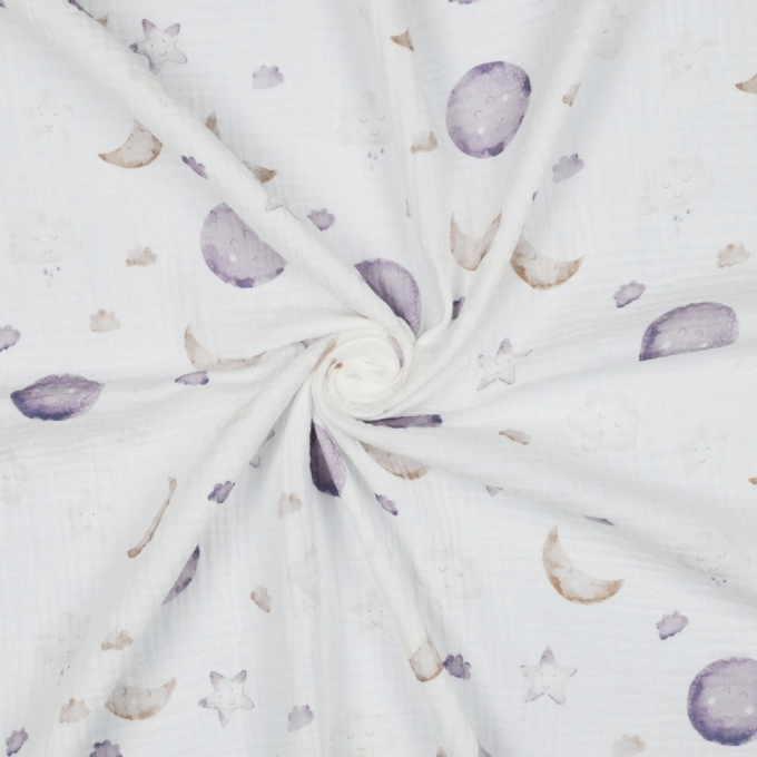 Tissu double gaze de coton Lunes et étoiles Moon, blanc