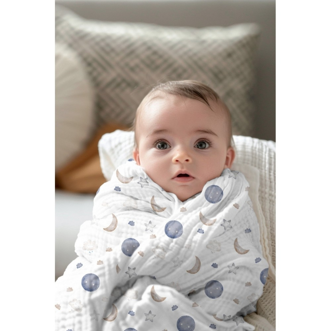 Tissu double gaze de coton Lunes et étoiles Moon, blanc
