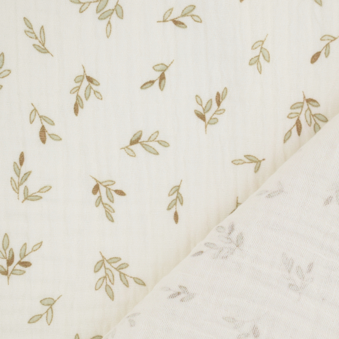 Tissu double gaze de coton Feuilles Small Leaves, blanc cassé