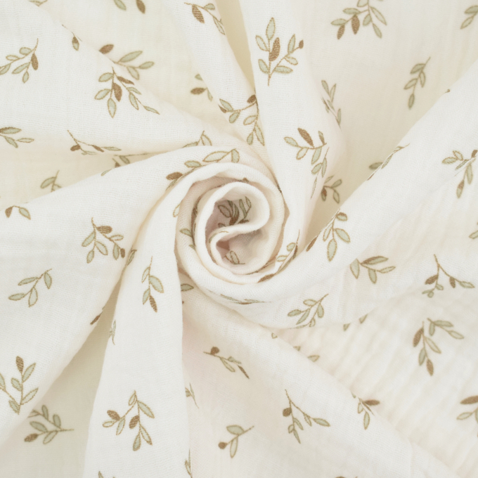 Tissu double gaze de coton Feuilles Small Leaves, blanc cassé