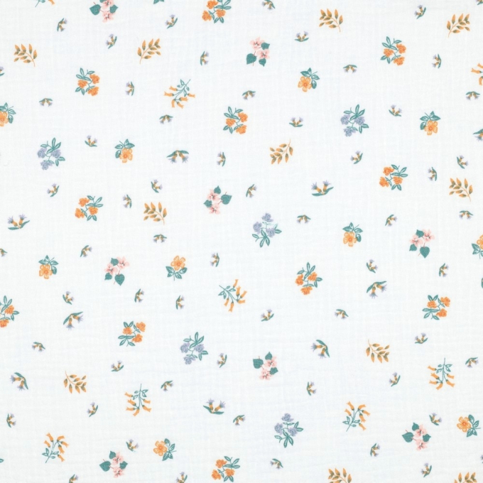 Tissu double gaze de coton Fleurs Spring Flowers, blanc