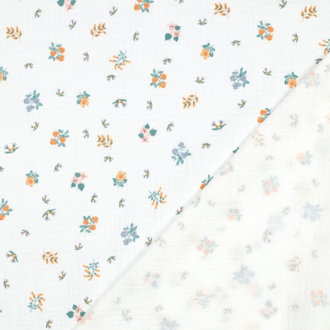 Tissu double gaze de coton Fleurs Spring Flowers, blanc