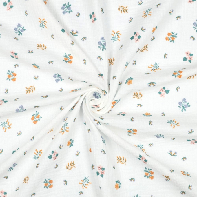 Tissu double gaze de coton Fleurs Spring Flowers, blanc