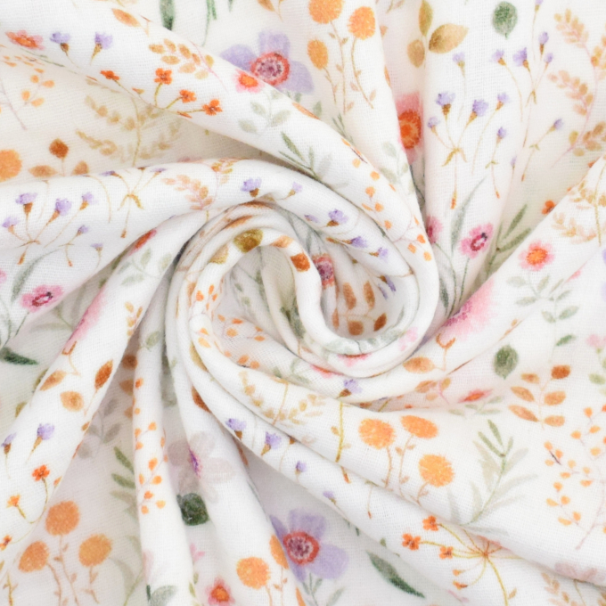 Tissu double gaze de coton Fleurs Wild Flowers, blanc cassé