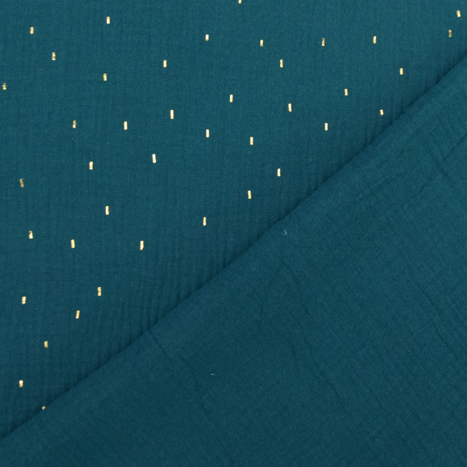 Tissu double gaze de coton plumetis doré, bleu pétrole foncé