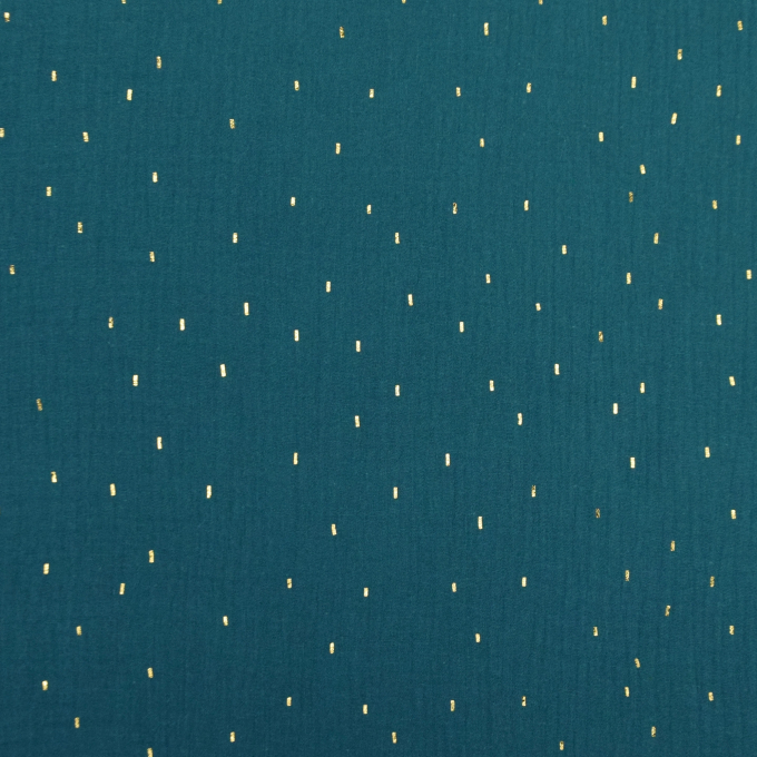 Tissu double gaze de coton plumetis doré, bleu pétrole foncé