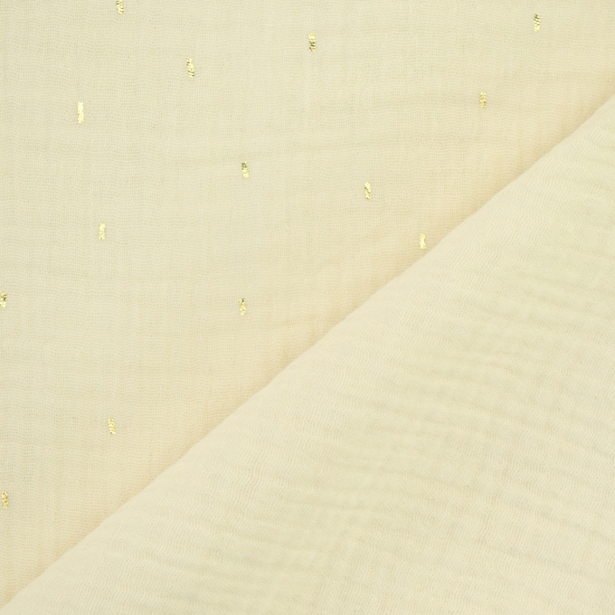 Tissu double gaze de coton plumetis doré, blanc vanille