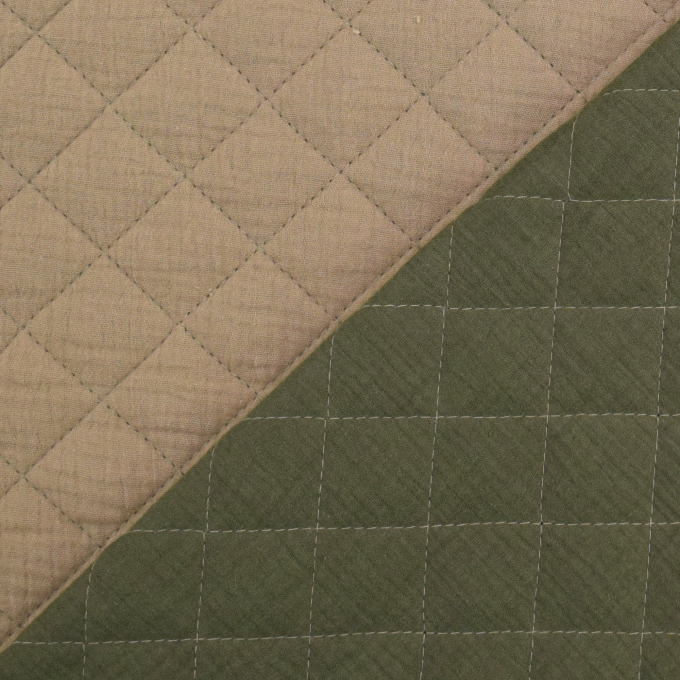 Tissu gaze de coton matelassé doubleface, sable- vert olive